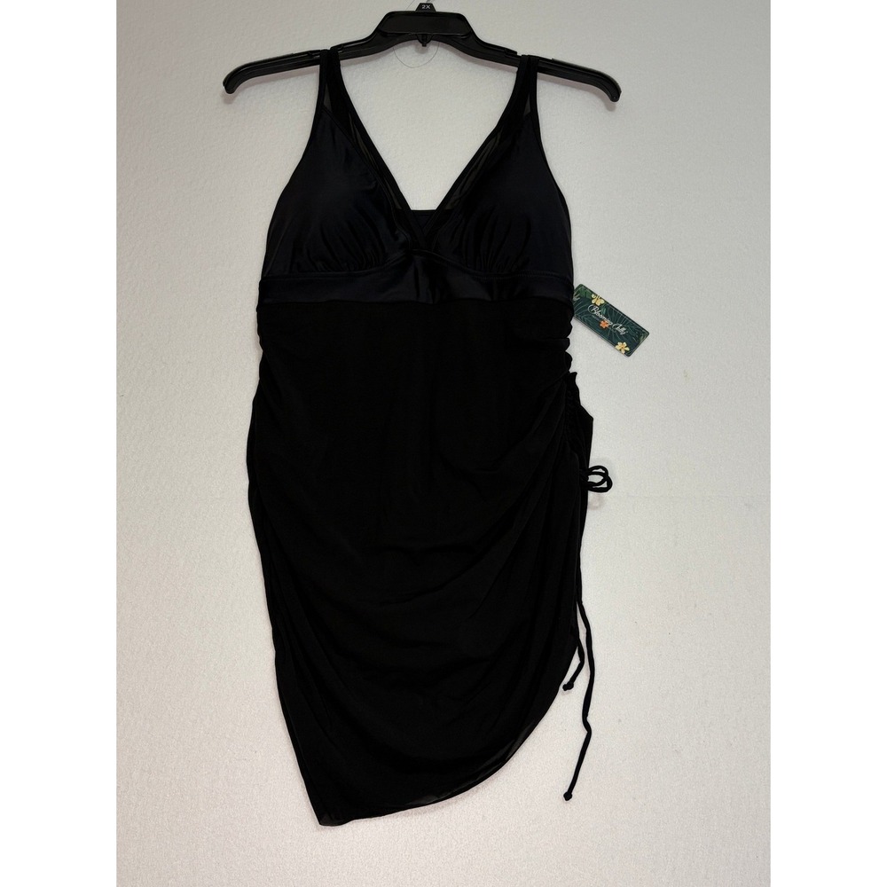 Blooming Jelly Women Black Swim Dress V-Neck Ruched One Piece Swimsuit XXL
